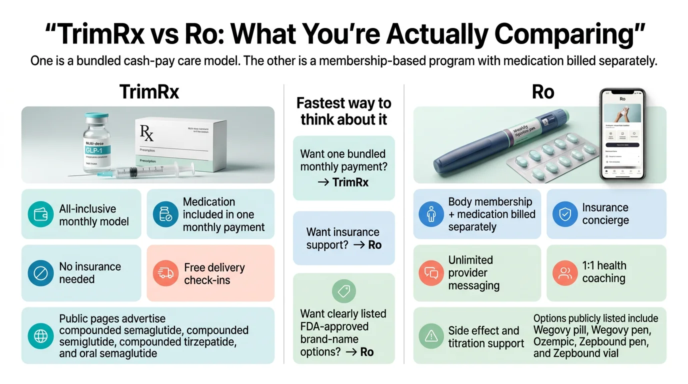 TrimRx vs Ro: What you're actually comparing — TrimRx is a bundled cash-pay care model with all-inclusive monthly payment, no insurance needed, free delivery and check-ins. Ro is a membership-based program with medication billed separately, insurance concierge, unlimited provider messaging, and 1:1 health coaching.