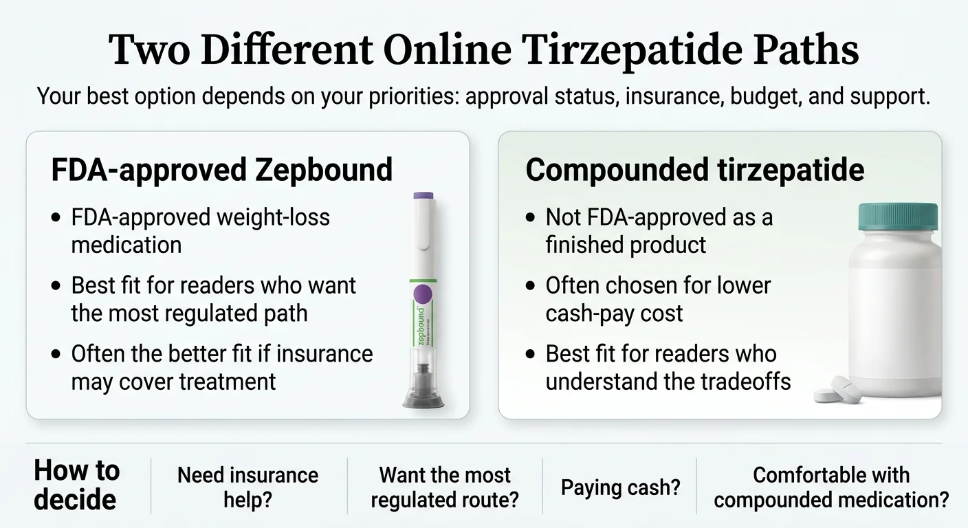 Two different online tirzepatide paths: FDA-approved Zepbound (FDA-approved weight-loss medication, best for readers who want the most regulated path, better fit if insurance may cover treatment) versus compounded tirzepatide (not FDA-approved as a finished product, often chosen for lower cash-pay cost, best fit for readers who understand the tradeoffs)