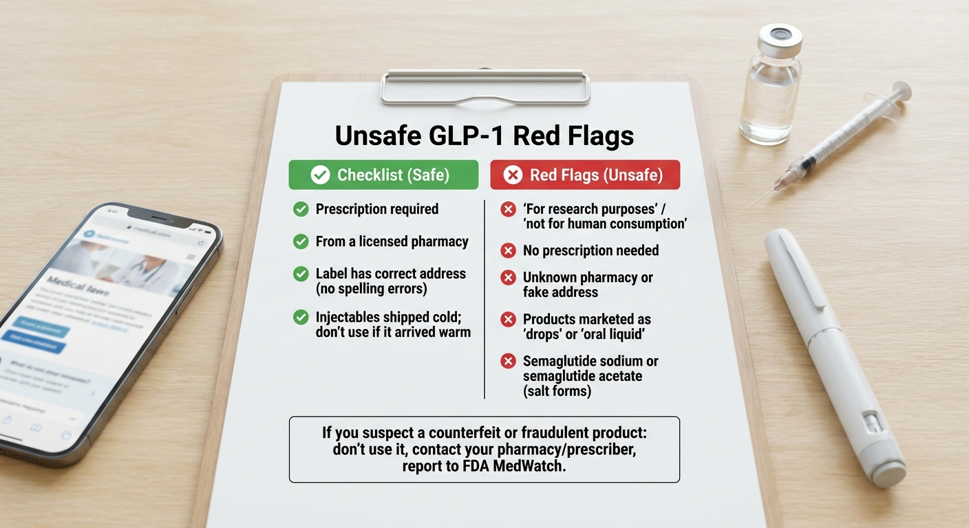Unsafe GLP-1 red flags checklist showing warning signs to watch for with compounded and counterfeit products