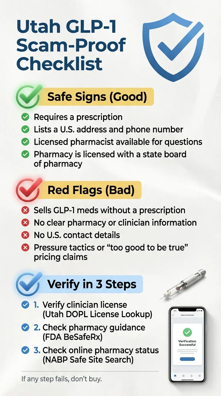 Utah GLP-1 scam-proof checklist - safe signs vs red flags with 3-step verification process using Utah DOPL license lookup, FDA BeSafeRx, and NABP Safe Site Search