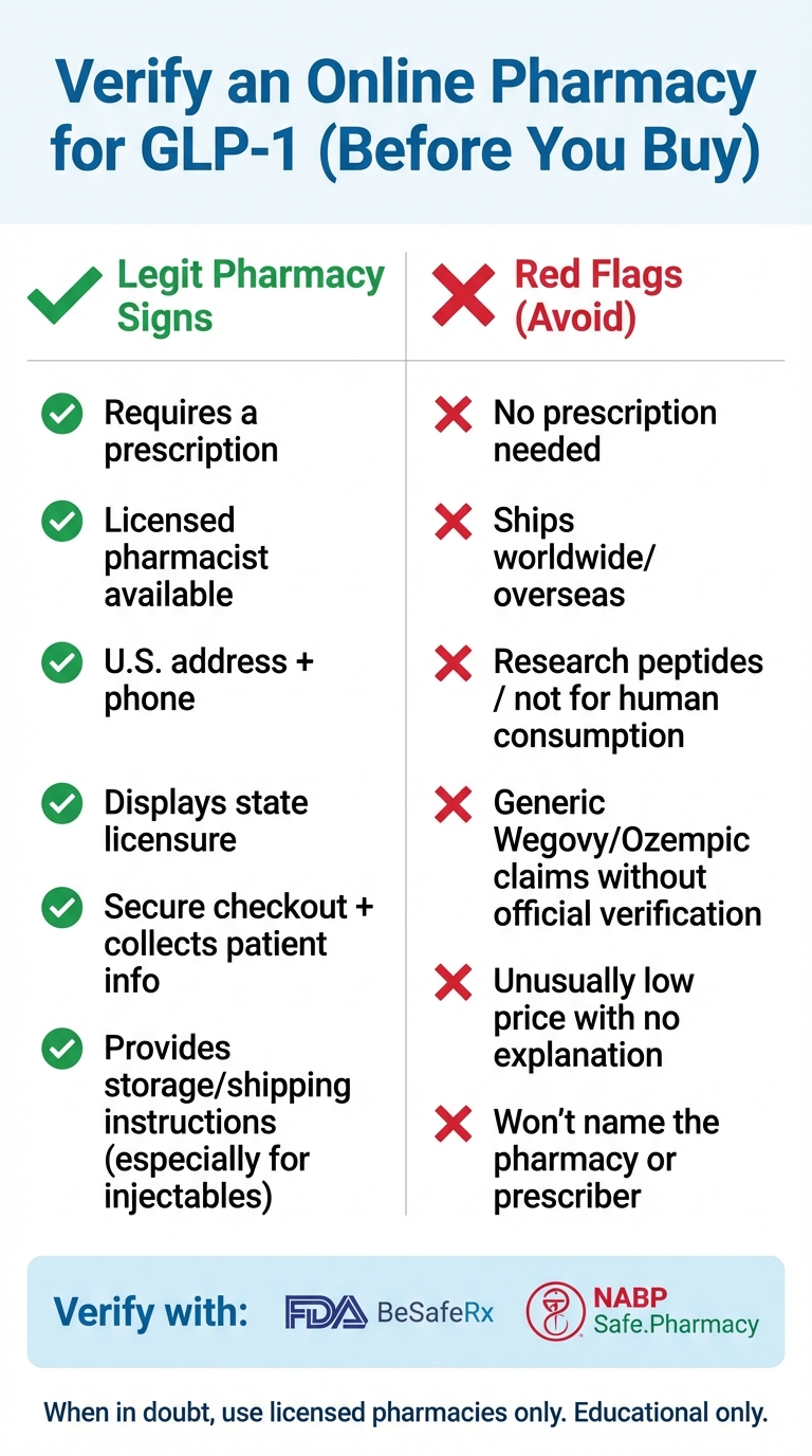 Verify an online pharmacy for GLP-1 using FDA BeSafeRx and NABP Safe.Pharmacy with red flags like no prescription and research peptides