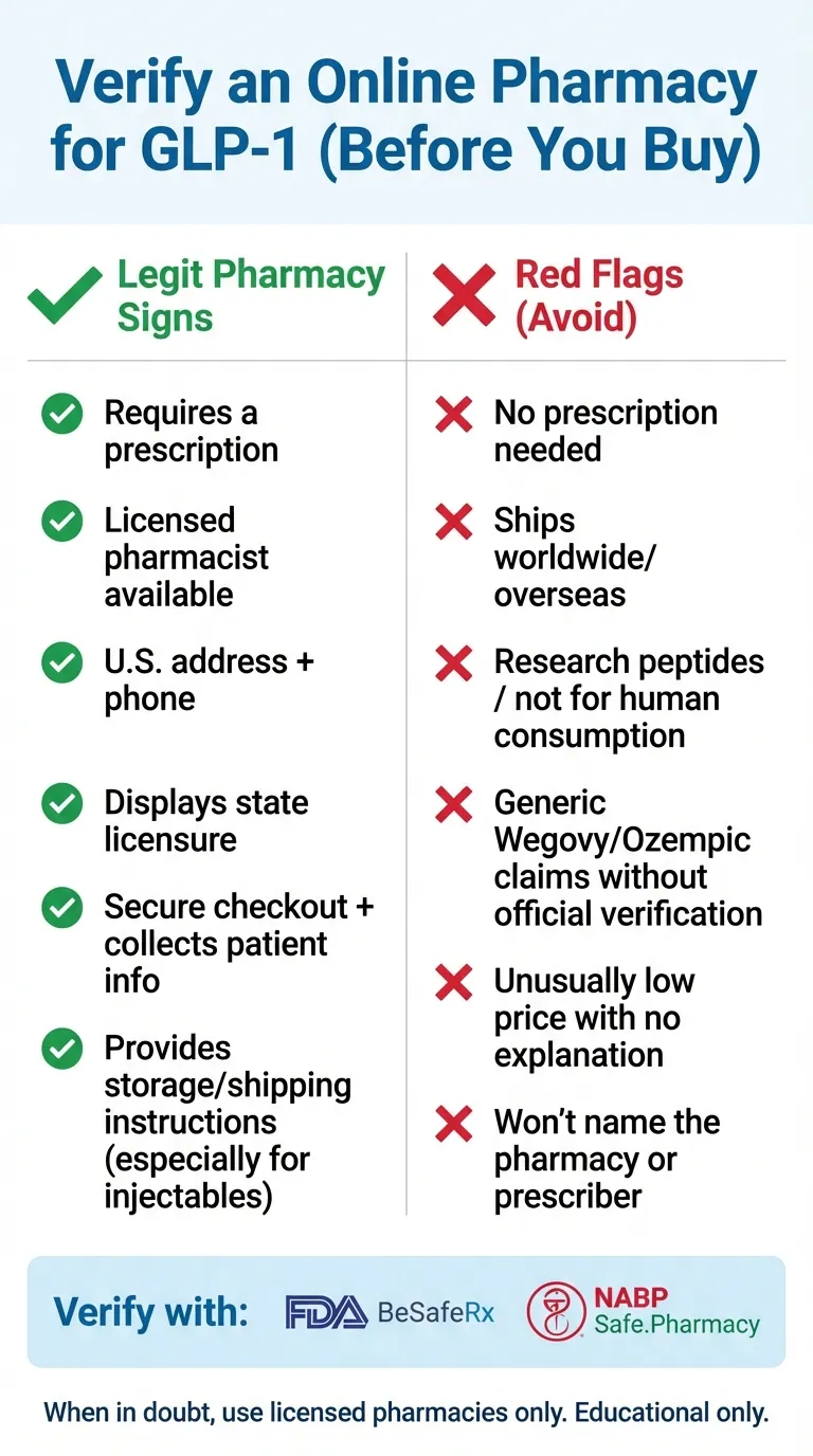 Verify an online pharmacy for GLP-1 using FDA BeSafeRx and NABP Safe.Pharmacy with red flags like no prescription and research peptides