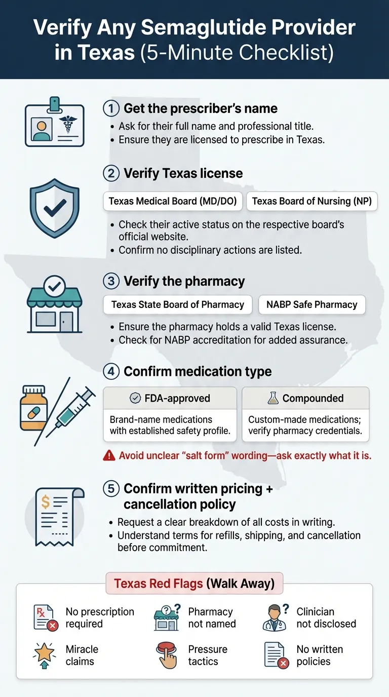 How to verify semaglutide provider in Texas - 5-minute checklist for verifying prescriber license and pharmacy