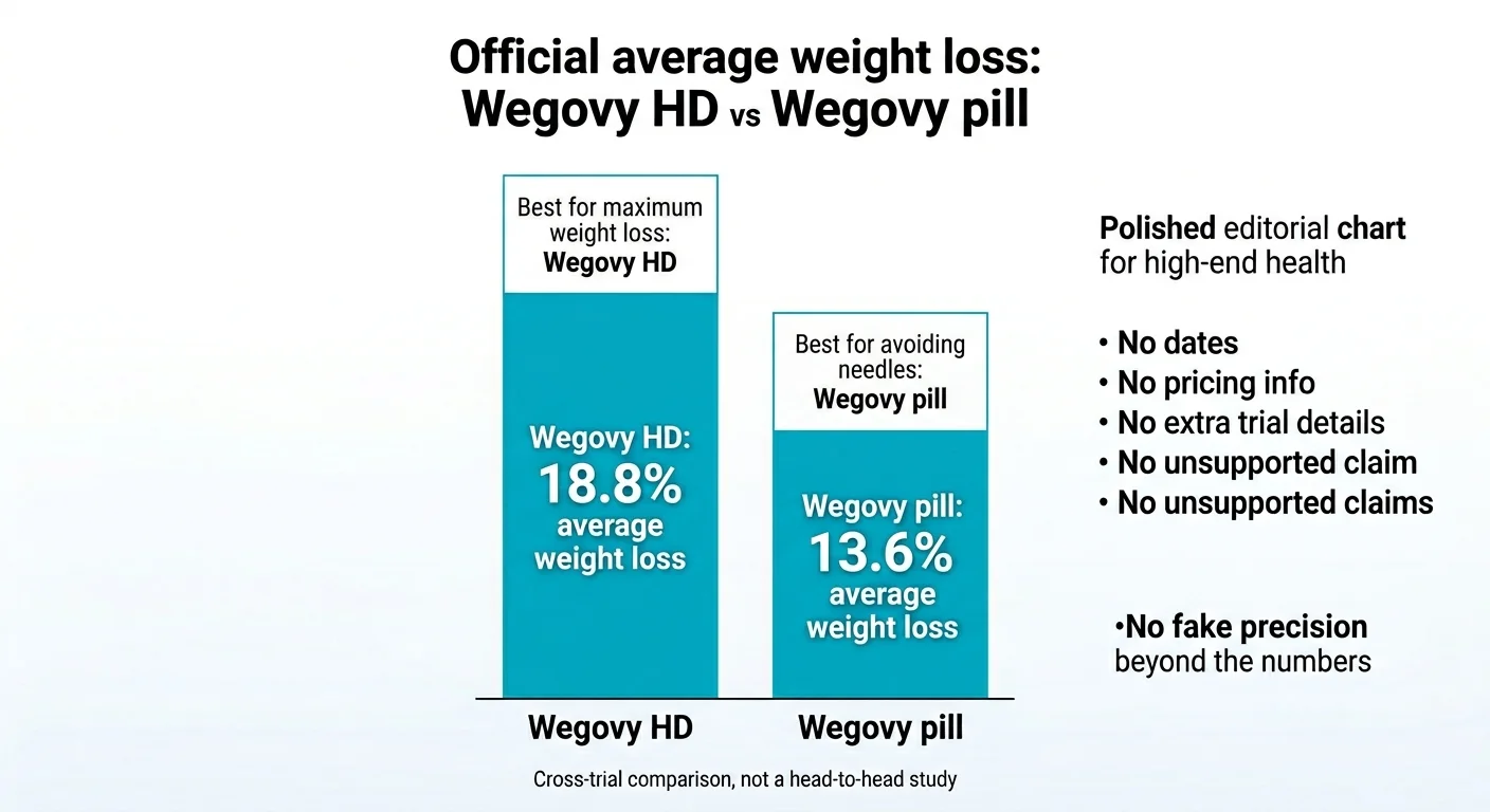 Bar chart showing official average weight loss for Wegovy HD at 18.8% versus Wegovy pill at 13.6%. Wegovy HD is labeled 'Best for maximum weight loss' and Wegovy pill is labeled 'Best for avoiding needles.' Note at bottom: Cross-trial comparison, not a head-to-head study.