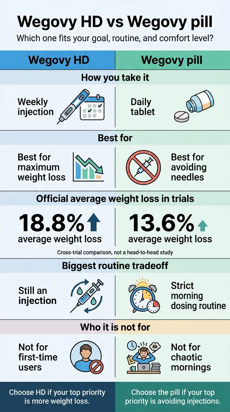 Wegovy HD vs Wegovy pill comparison infographic — How you take it: Wegovy HD weekly injection vs Wegovy pill daily tablet. Best for: Wegovy HD best for maximum weight loss vs Wegovy pill best for avoiding needles. Official average weight loss in trials: Wegovy HD 18.8% average weight loss vs Wegovy pill 13.6% average weight loss (cross-trial comparison, not a head-to-head study). Biggest routine tradeoff: Wegovy HD still an injection vs Wegovy pill strict morning dosing routine. Who it is not for: Wegovy HD not for first-time users vs Wegovy pill not for chaotic mornings. Bottom line: Choose HD if your top priority is more weight loss. Choose the pill if your top priority is avoiding injections.