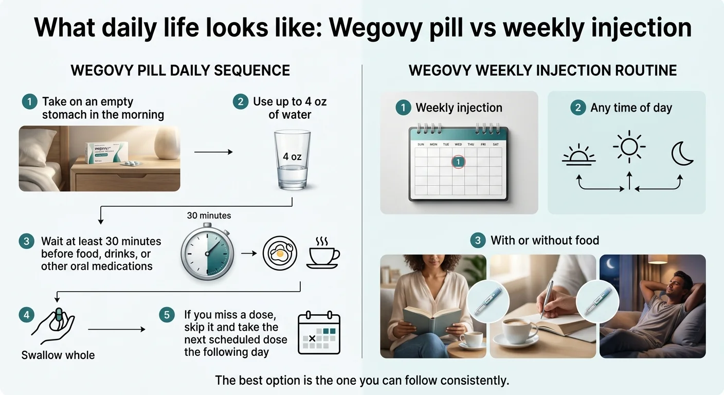 What daily life looks like: Wegovy pill vs weekly injection. Wegovy Pill Daily Sequence — Step 1: Take on an empty stomach in the morning. Step 2: Use up to 4 oz of water. Step 3: Wait at least 30 minutes before food, drinks, or other oral medications. Step 4: Swallow whole. Step 5: If you miss a dose, skip it and take the next scheduled dose the following day. Wegovy Weekly Injection Routine — Step 1: Weekly injection. Step 2: Any time of day. Step 3: With or without food. Bottom caption: The best option is the one you can follow consistently.