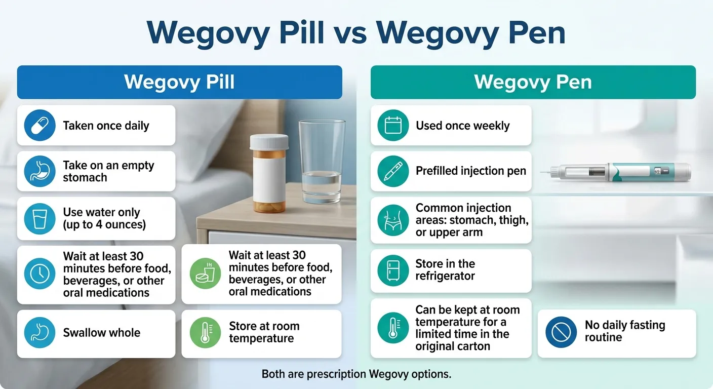 Wegovy Pill vs Wegovy Pen comparison. Wegovy Pill: taken once daily, take on empty stomach with only up to 4 ounces of water, wait at least 30 minutes before food or other medications, swallow whole, store at room temperature. Wegovy Pen: used once weekly, prefilled injection pen, common injection areas are stomach, thigh, or upper arm, store in refrigerator, can be at room temperature limited time, no daily fasting routine. Both are prescription Wegovy options.