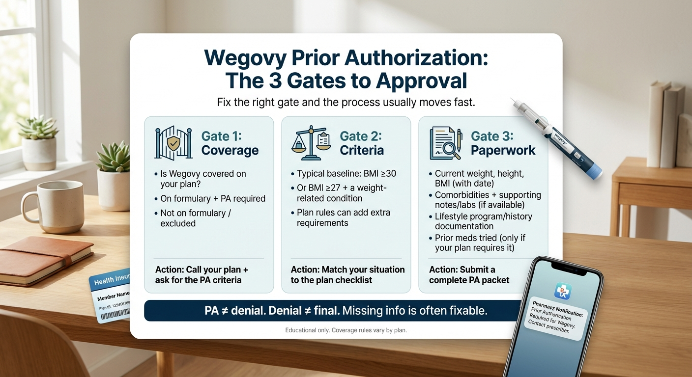 Wegovy prior authorization 3-gate framework: Gate 1 Coverage, Gate 2 Criteria, Gate 3 Paperwork - fix the right gate and the process moves fast