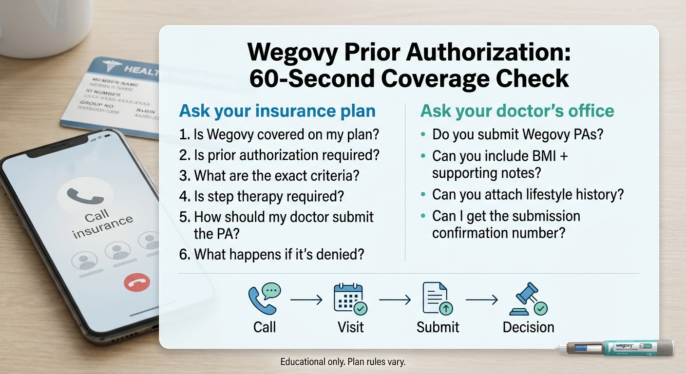 Wegovy prior authorization 60-second coverage check - questions to ask your insurance plan and your doctor's office