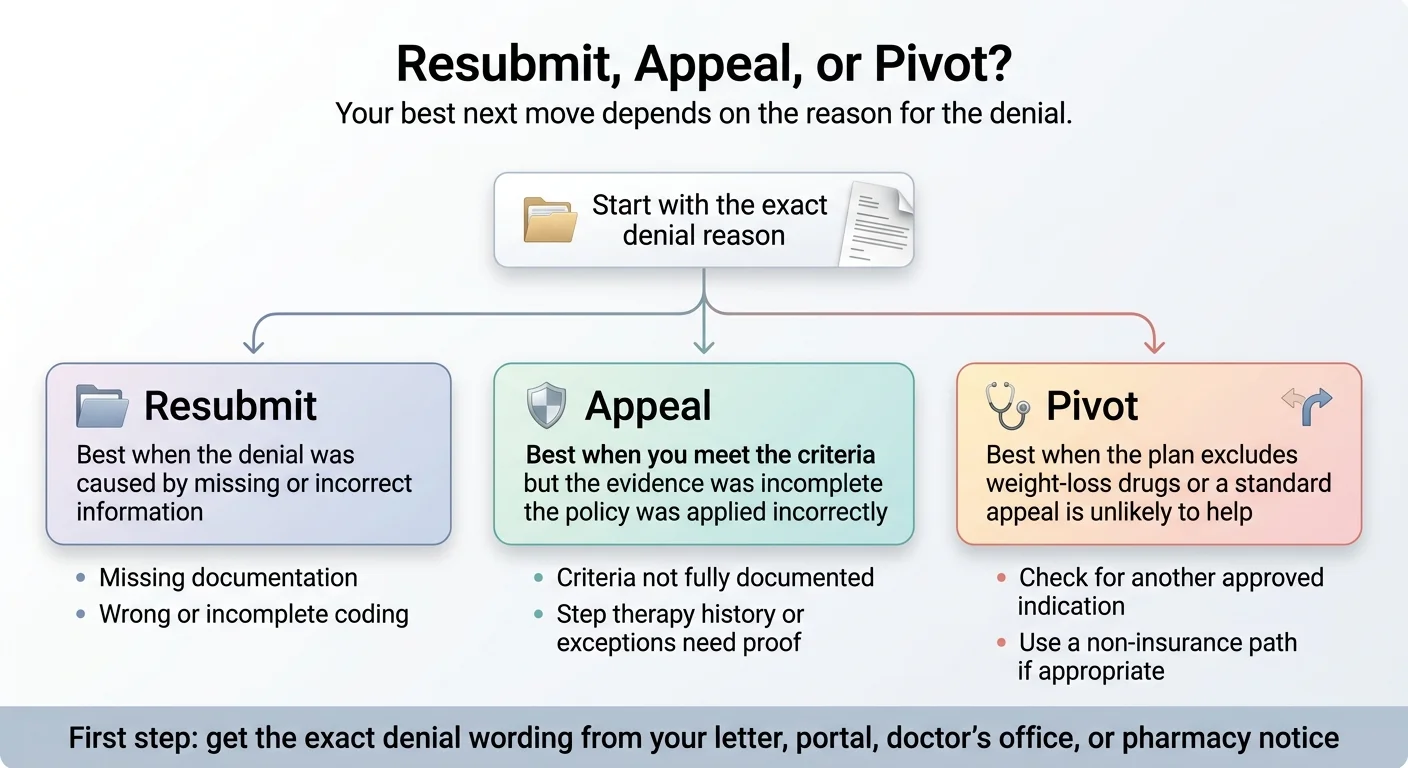 Resubmit, Appeal, or Pivot decision guide — start with the exact denial reason. Resubmit when the denial was caused by missing or incorrect information. Appeal when you meet the criteria but evidence was incomplete. Pivot when the plan excludes weight-loss drugs or a standard appeal is unlikely to help.