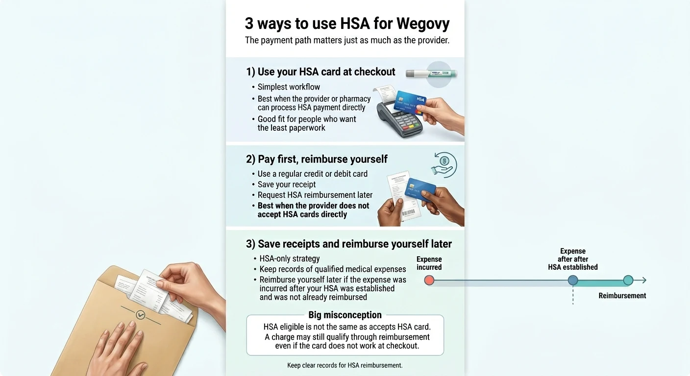 3 ways to use HSA for Wegovy infographic: 1) Use your HSA card at checkout — simplest workflow, best when provider accepts HSA directly. 2) Pay first, reimburse yourself — use a regular card, save receipt, request HSA reimbursement later. 3) Save receipts and reimburse yourself later — the HSA shoebox method, allows reimbursement any future year.