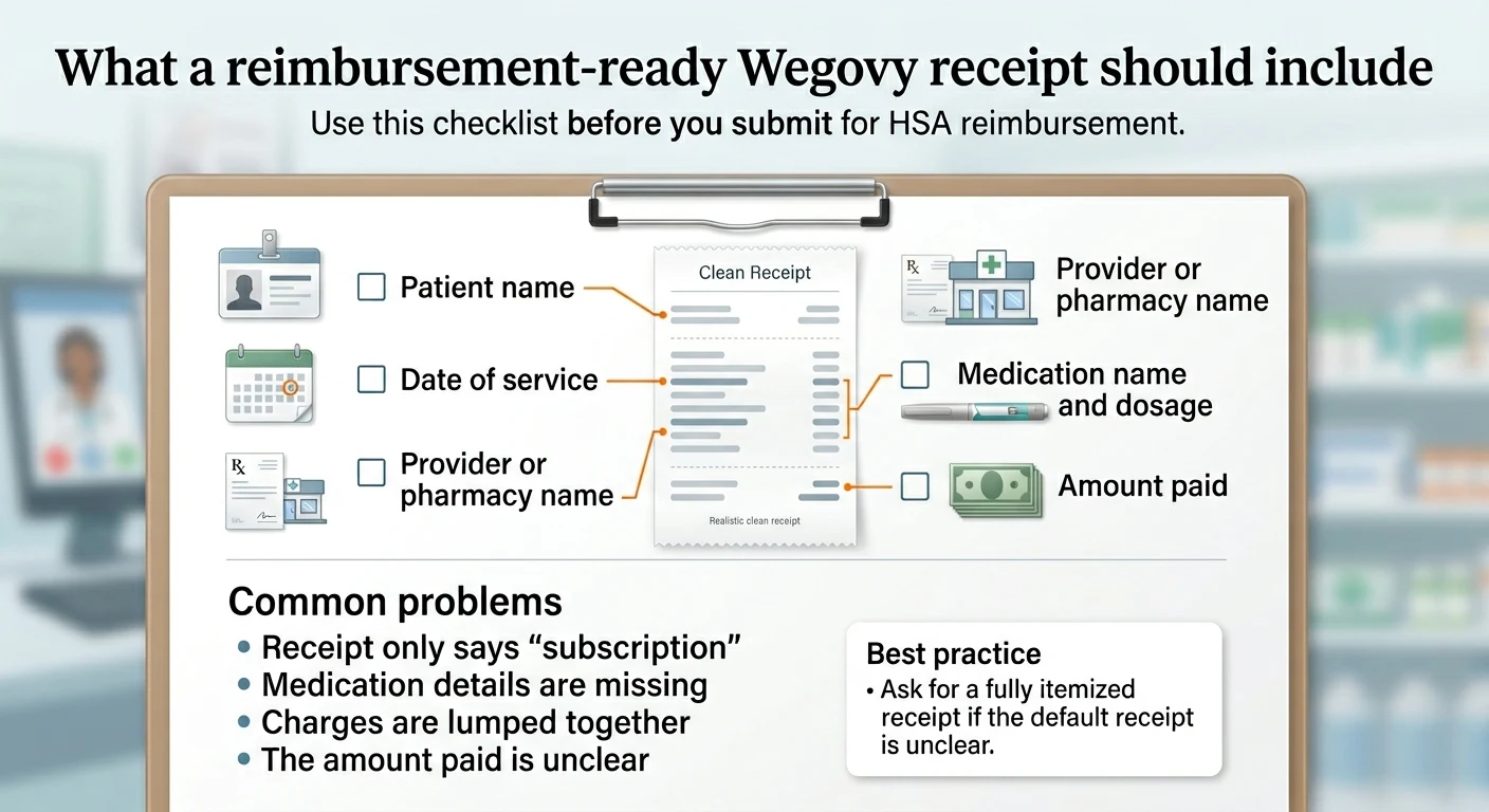 What a reimbursement-ready Wegovy receipt should include: patient name, date of service, provider or pharmacy name, medication name and dosage, and amount paid. Common problems: receipt says only subscription, medication details missing, charges lumped together, amount paid unclear. Best practice: ask for a fully itemized receipt if the default receipt is unclear.