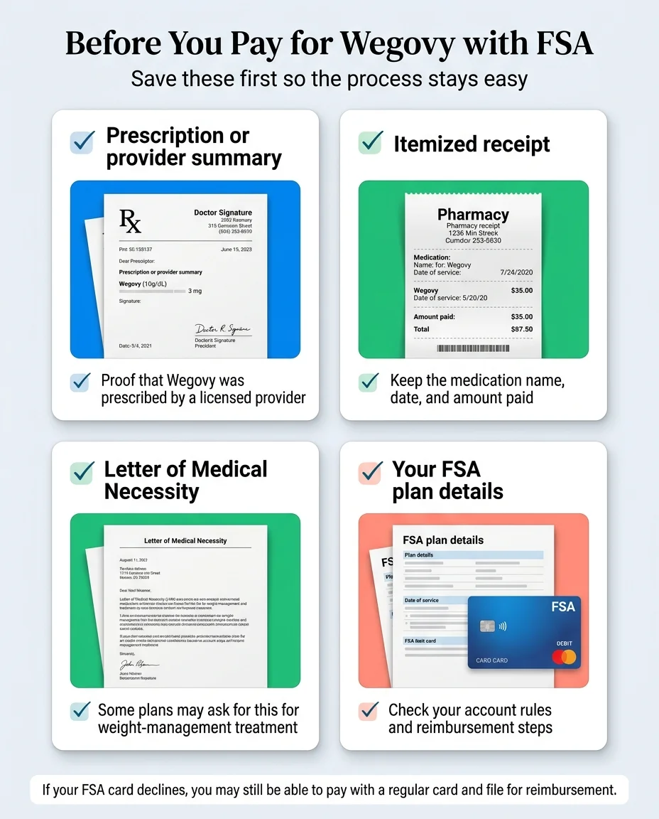 Before You Pay for Wegovy with FSA — Save these first so the process stays easy. Four items shown: 1. Prescription or provider summary (Rx document with doctor signature) — Proof that Wegovy was prescribed by a licensed provider. 2. Itemized receipt (pharmacy receipt) — Keep the medication name, date, and amount paid. 3. Letter of Medical Necessity (LMN document) — Some plans may ask for this for weight-management treatment. 4. FSA plan details (FSA debit card) — Check your account rules and reimbursement steps. Footer: If your FSA card declines, you may still be able to pay with a regular card and file for reimbursement.