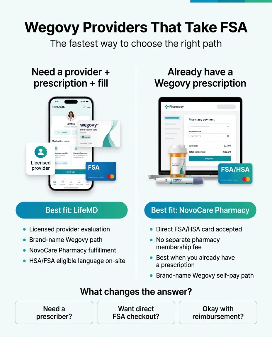 Wegovy Providers That Take FSA — The fastest way to choose the right path. Left: Need a provider + prescription + fill. Phone showing LifeMD telehealth app, Wegovy medication card, licensed provider badge, FSA debit card. Best fit: LifeMD — Licensed provider evaluation, brand-name Wegovy path, NovoCare Pharmacy fulfillment, HSA/FSA eligible language on-site. Right: Already have a Wegovy prescription. Tablet showing pharmacy checkout page with FSA/HSA payment accepted, Wegovy injector pen. Best fit: NovoCare Pharmacy — Direct FSA/HSA card accepted, no separate pharmacy membership fee, best when you already have a prescription, brand-name Wegovy self-pay path. Bottom: What changes the answer? Need a prescriber? Want direct FSA checkout? Okay with reimbursement?