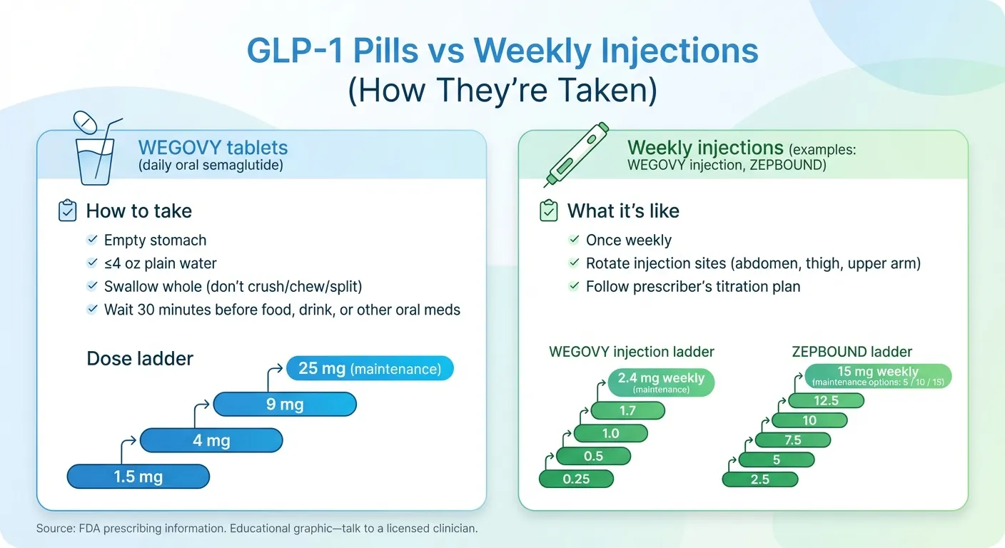 GLP-1s for weight loss pill vs injection infographic showing Wegovy tablet instructions and weekly injection dosing ladders