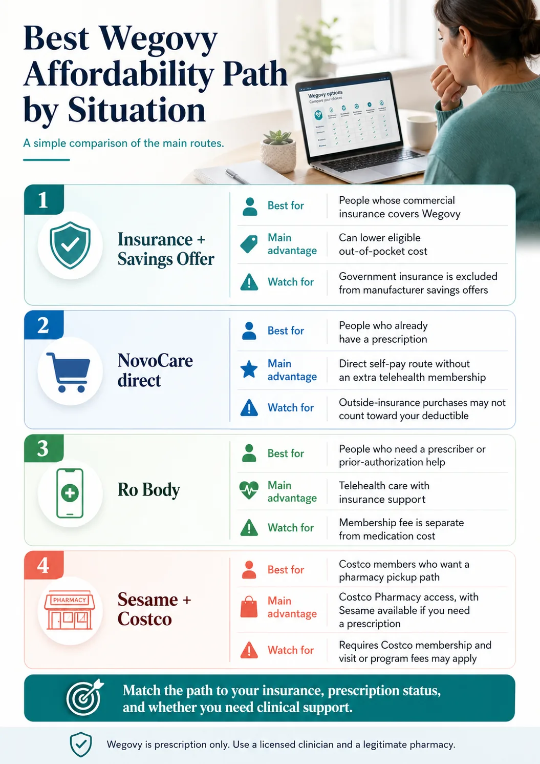 Best Wegovy Affordability Path by Situation — A simple comparison of the main routes. Path 1: Insurance + Savings Offer — best for people whose commercial insurance covers Wegovy, main advantage: can lower eligible out-of-pocket cost, watch for: government insurance excluded. Path 2: NovoCare direct — best for people who already have a prescription, main advantage: direct self-pay without extra membership, watch for: outside-insurance purchases may not count toward deductible. Path 3: Ro Body — best for people who need a prescriber or prior-authorization help, main advantage: telehealth care with insurance support, watch for: membership fee is separate from medication cost. Path 4: Sesame + Costco — best for Costco members wanting pharmacy pickup, main advantage: Costco Pharmacy access with Sesame prescription, watch for: requires Costco membership and visit or program fees may apply.