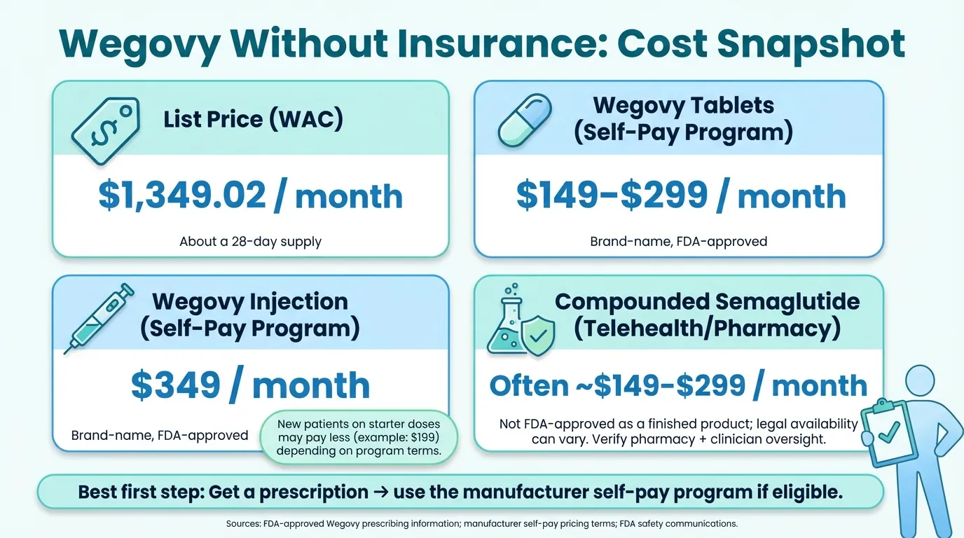 Infographic showing Wegovy without insurance cost options including list price ($1,349/mo), Wegovy tablets self-pay ($149-$299/mo), Wegovy injection self-pay ($349/mo), and compounded semaglutide ($149-$299/mo)