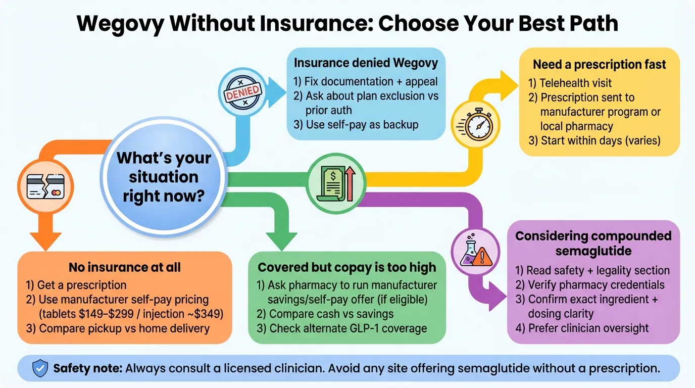 Decision tree infographic for choosing the best Wegovy without insurance option based on being uninsured, denied coverage, high copay, needing a prescription fast, or considering compounded semaglutide