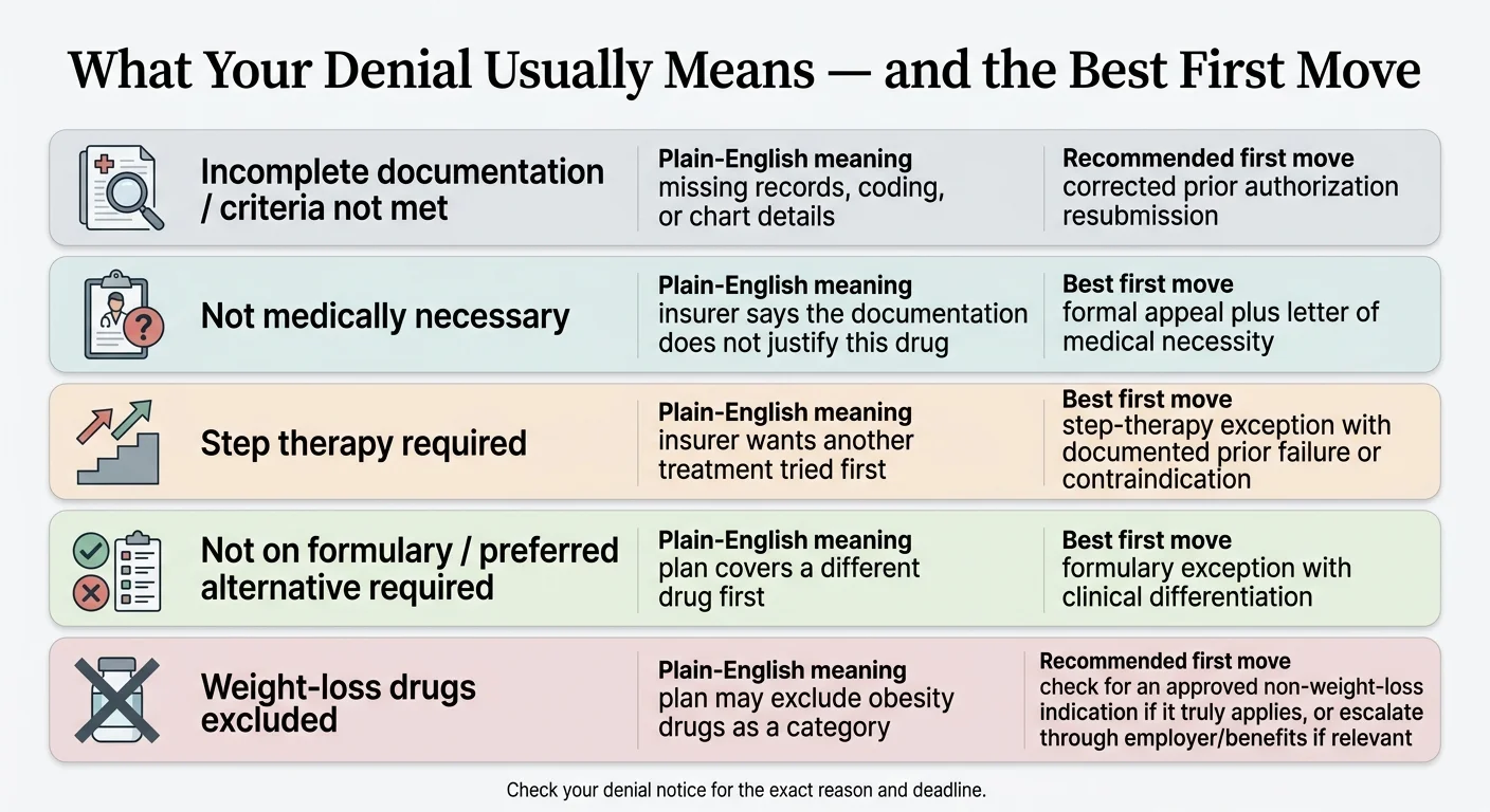 Chart explaining Wegovy and Zepbound denial types in plain English — incomplete documentation, not medically necessary, step therapy, not on formulary, and weight-loss drugs excluded — with the best first move for each