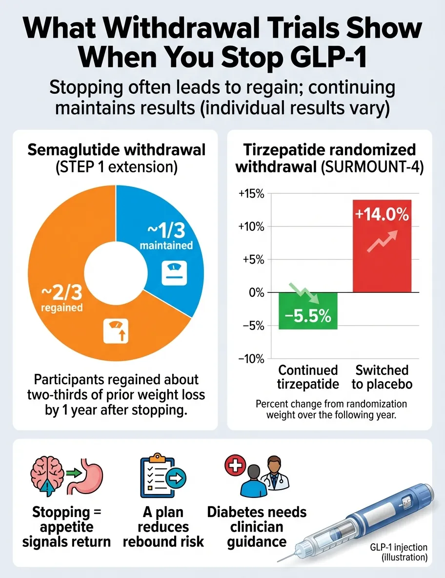 Evidence snapshot showing clinical trial results for GLP-1 discontinuation including STEP 1, SURMOUNT-4, and BMJ meta-analysis