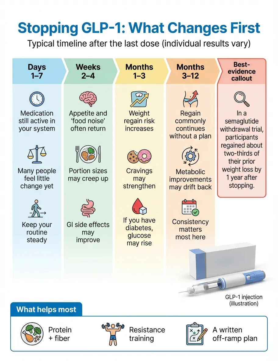 Week-by-week timeline infographic showing what happens when you stop taking GLP-1 medications