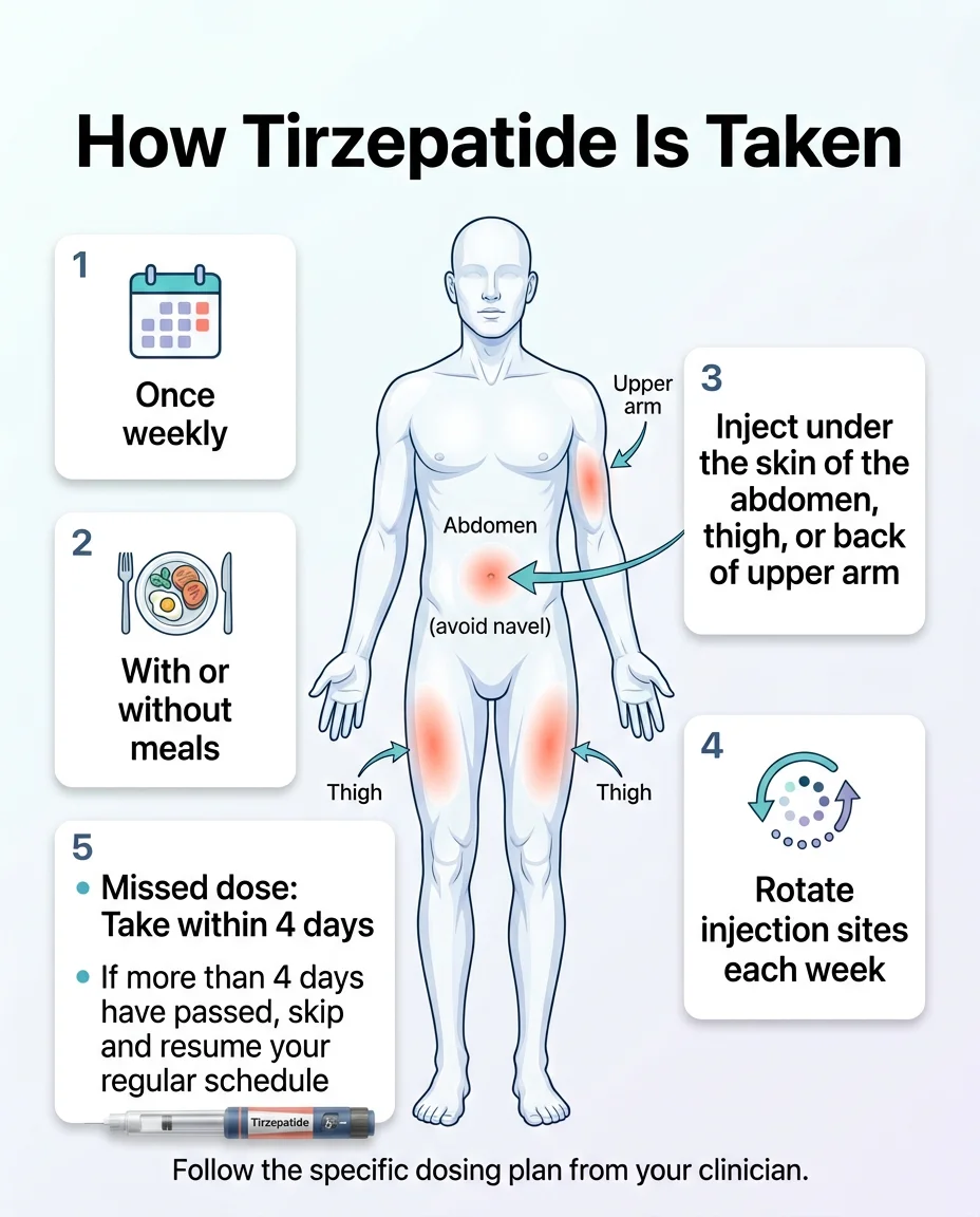How tirzepatide is taken: once weekly injection under the skin of the abdomen, thigh, or back of upper arm. Rotate injection sites each week. With or without meals. Missed dose: take within 4 days, if more than 4 days skip and resume regular schedule.