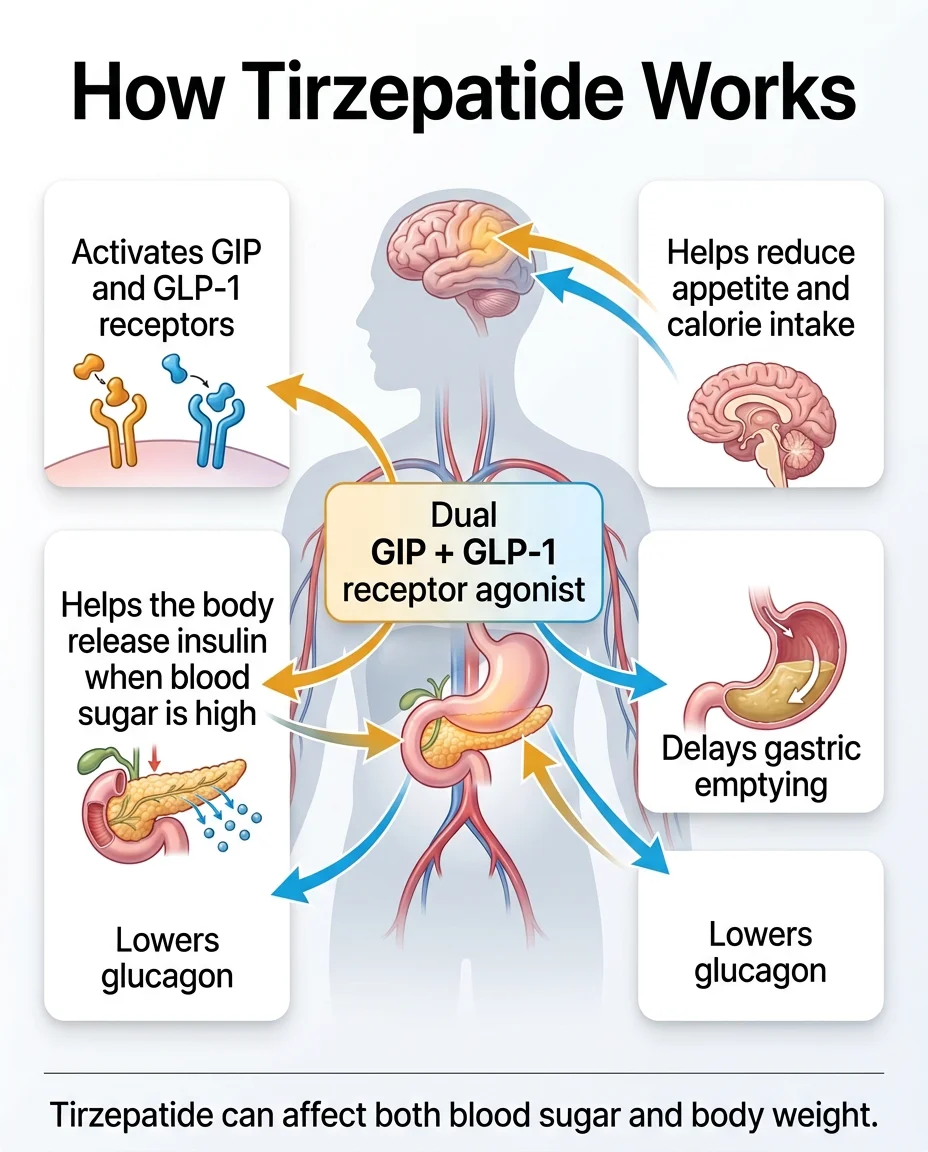 How tirzepatide works in the body: dual GIP and GLP-1 receptor agonist that activates both receptors, helps reduce appetite and calorie intake, delays gastric emptying, helps the body release insulin when blood sugar is high, and lowers glucagon