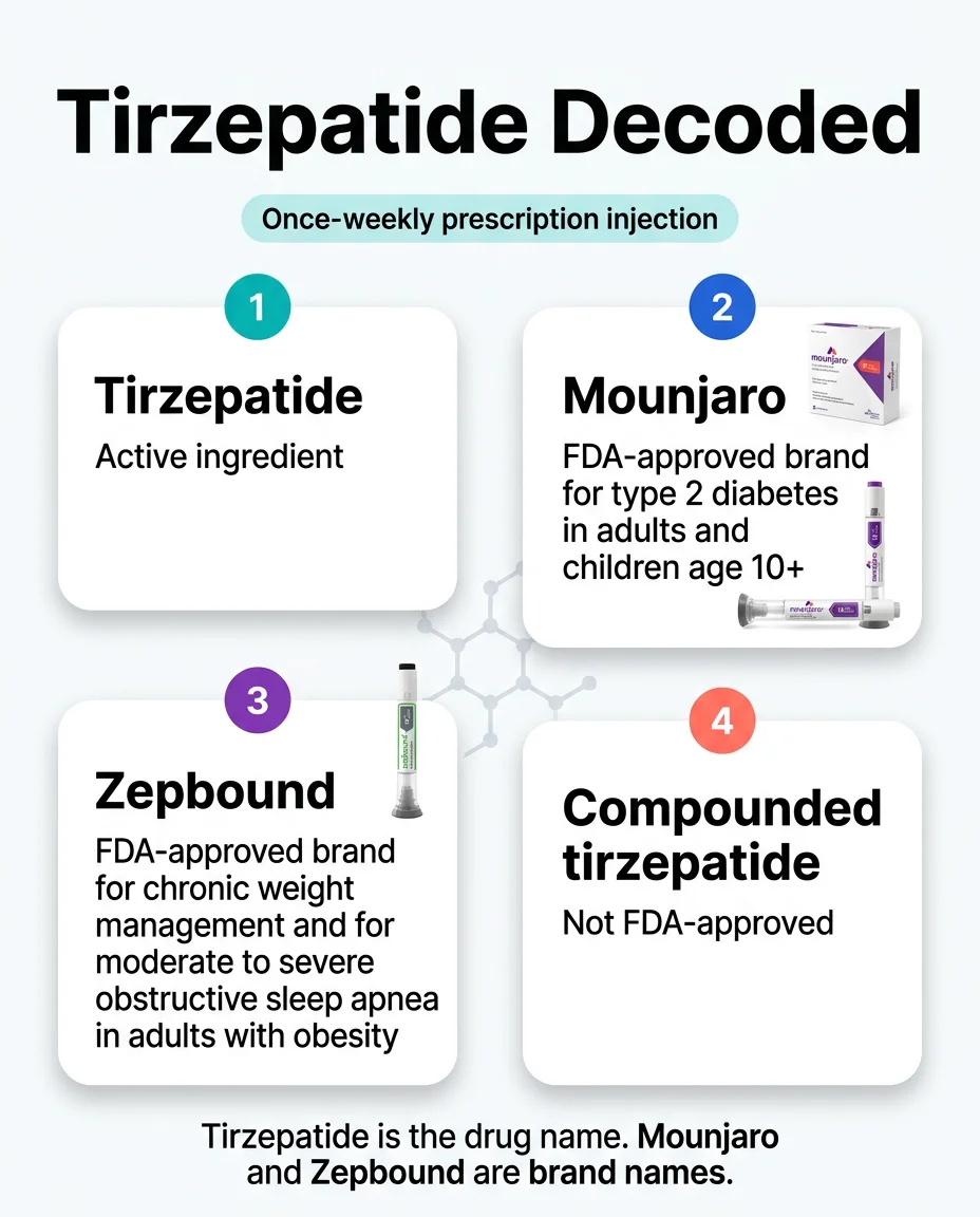 Tirzepatide decoded: showing the active ingredient, Mounjaro for type 2 diabetes, Zepbound for weight management and sleep apnea, and compounded tirzepatide which is not FDA-approved