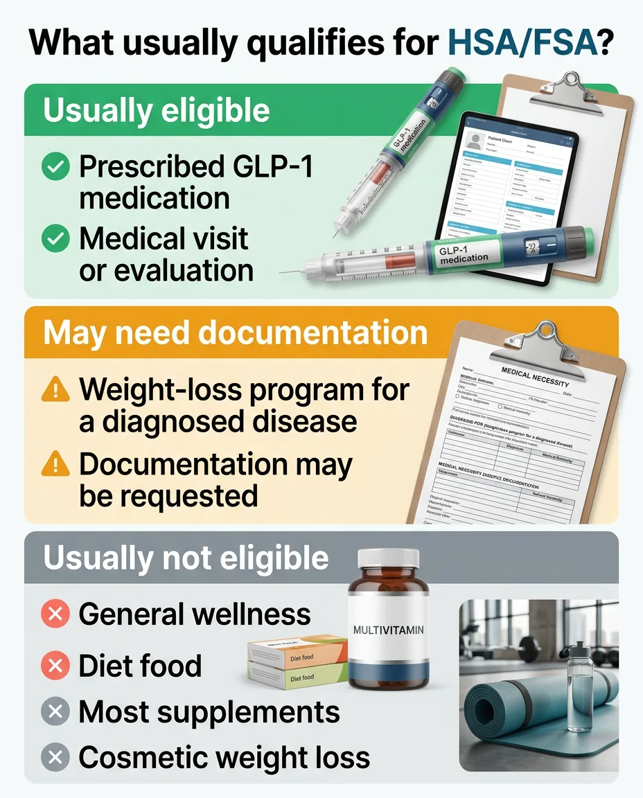 What qualifies as HSA/FSA eligible for GLP-1 medications: prescription for diagnosed conditions like obesity, T2 diabetes
