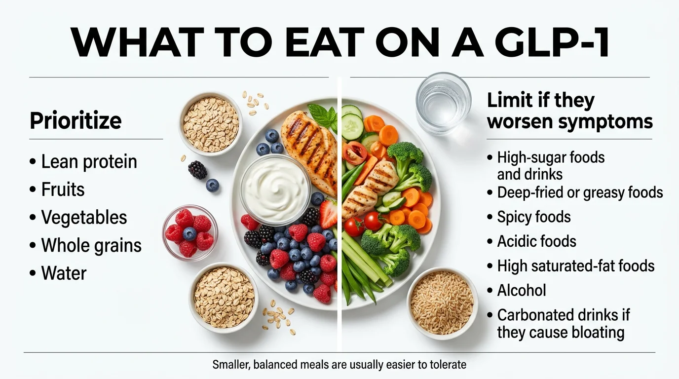 What to eat on a GLP-1 showing prioritize column (lean protein, fruits, vegetables, whole grains, water) and limit if they worsen symptoms column (high-sugar foods, deep-fried or greasy foods, spicy foods, acidic foods, high saturated-fat foods, alcohol, carbonated drinks)
