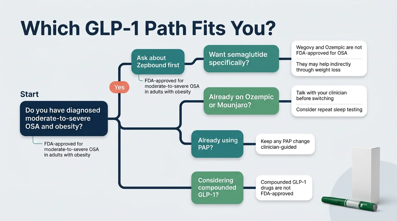 Decision tree flowchart showing which GLP-1 path fits your sleep apnea situation based on diagnosis, insurance, and current medications
