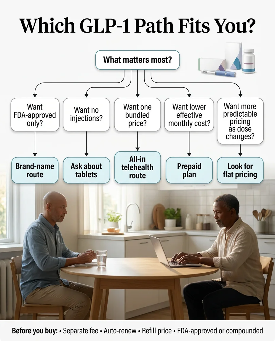 Which GLP-1 path fits you — decision tree showing brand-name route, all-in telehealth route, prepaid plan, and flat pricing options based on what matters most to you