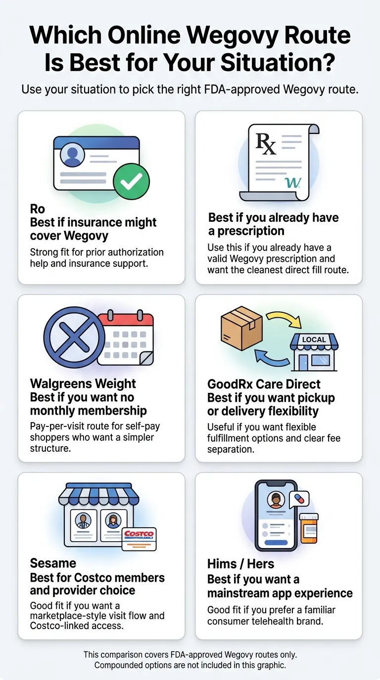 Which online Wegovy route is best for your situation — Ro for insurance help, NovoCare if you have a prescription, Walgreens for no monthly membership, GoodRx Care Direct for pickup or delivery flexibility, Sesame for Costco members, Hims or Hers for mainstream app experience