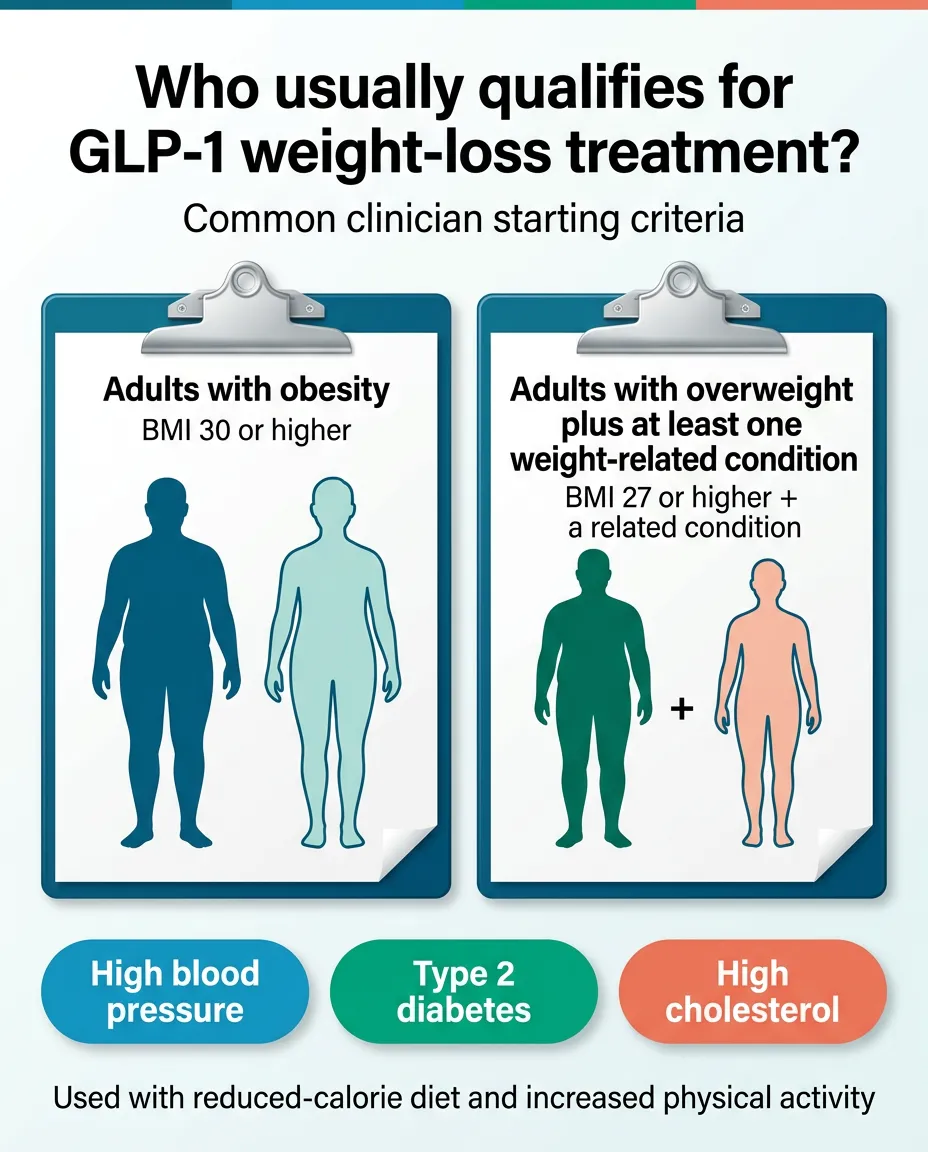 Who usually qualifies for GLP-1 weight-loss treatment — adults with obesity (BMI 30 or higher) or adults with overweight plus at least one weight-related condition (BMI 27 or higher plus high blood pressure, type 2 diabetes, or high cholesterol)
