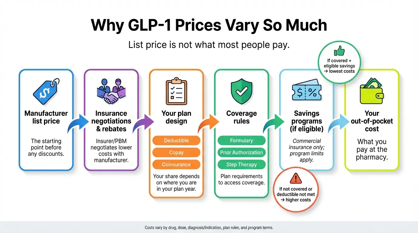 Why GLP-1 prices vary infographic showing manufacturer list price flowing through insurance negotiations, plan design, coverage rules, and savings programs to final out-of-pocket cost