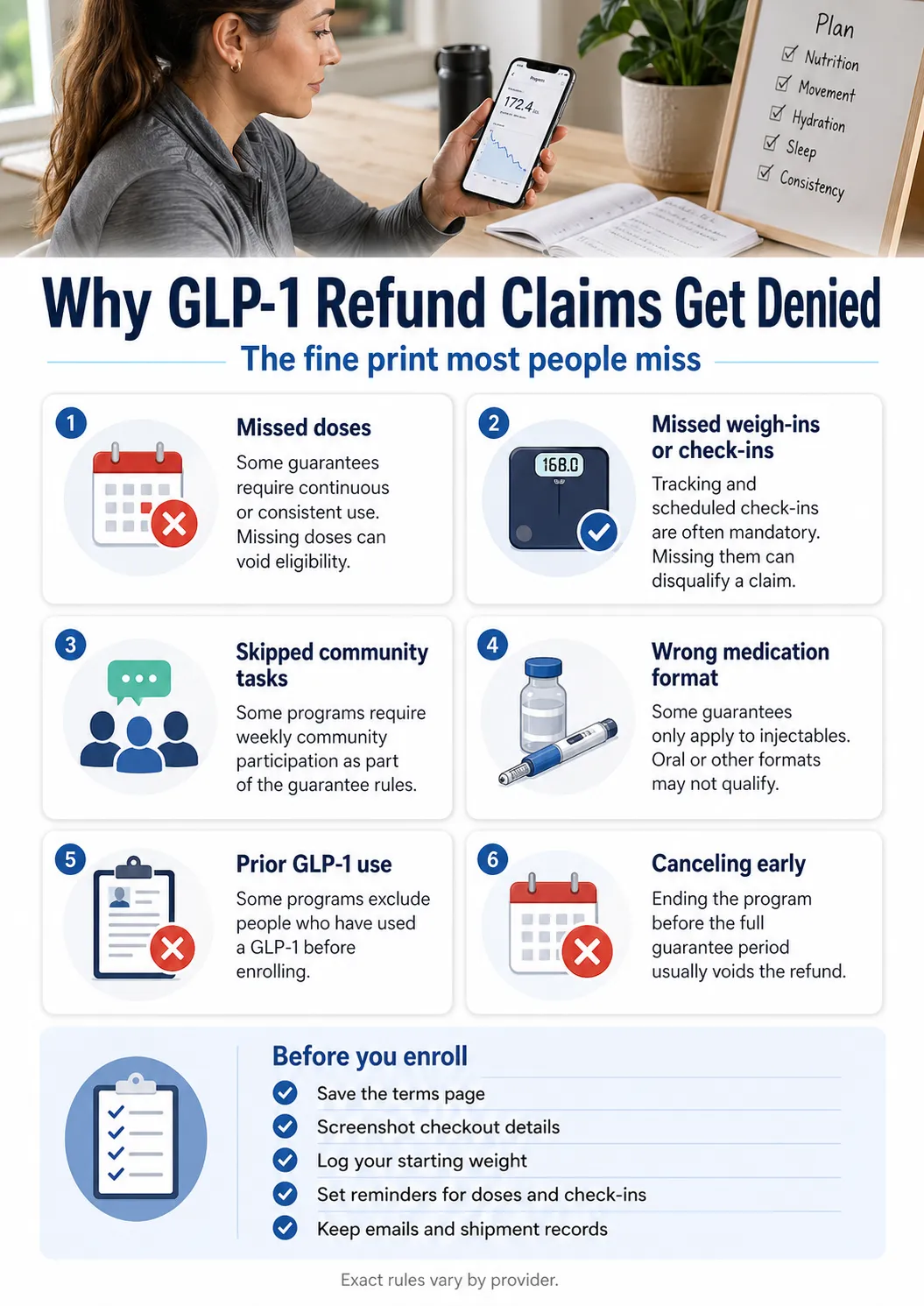 Why GLP-1 refund claims get denied — the fine print most people miss: missed doses, missed weigh-ins, skipped community tasks, wrong medication format, prior GLP-1 use, and canceling early