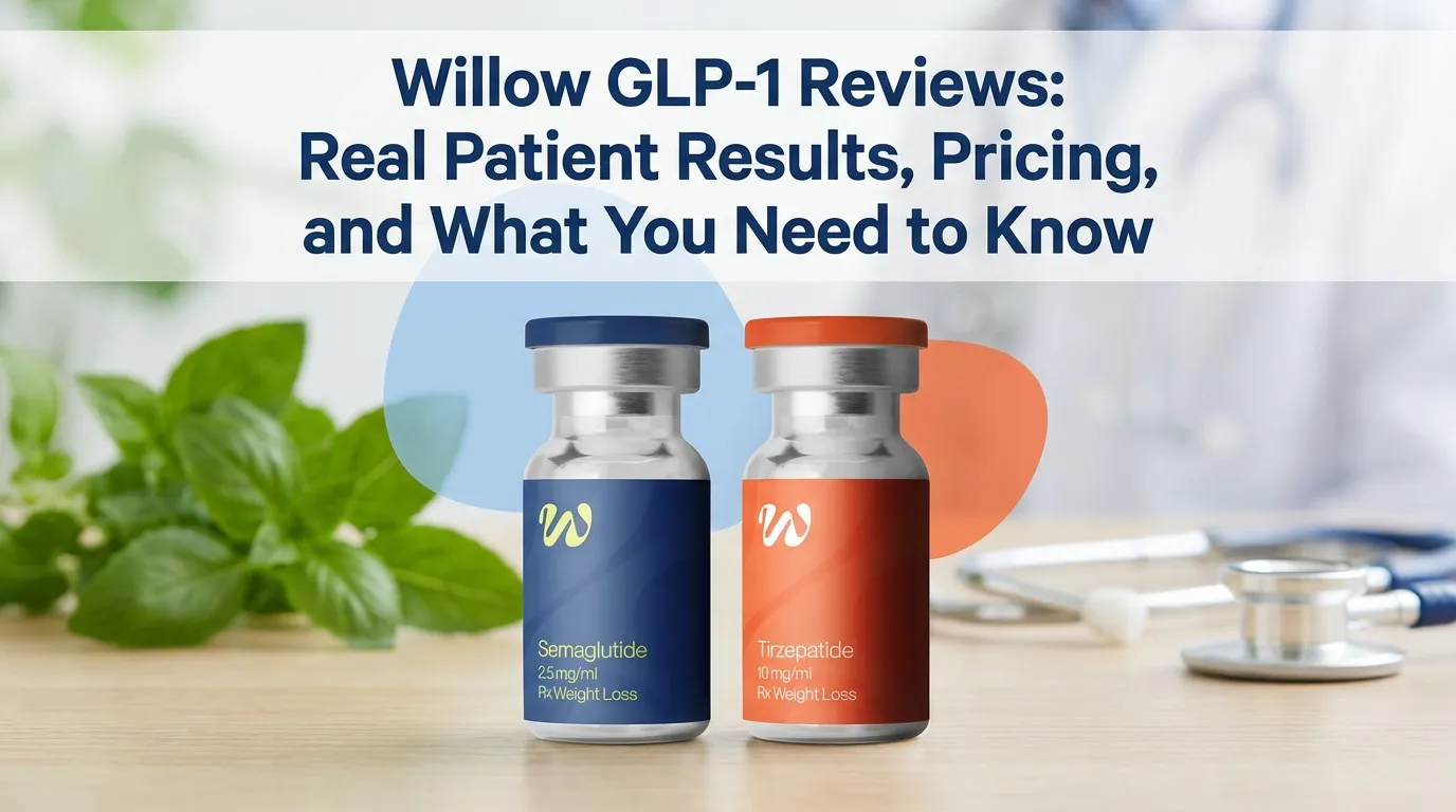 Willow GLP-1 reviews - semaglutide and tirzepatide medication vials showing real patient results and pricing information