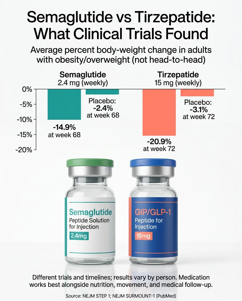 Semaglutide vs tirzepatide clinical trial results: average body weight change comparison from STEP and SURMOUNT trials