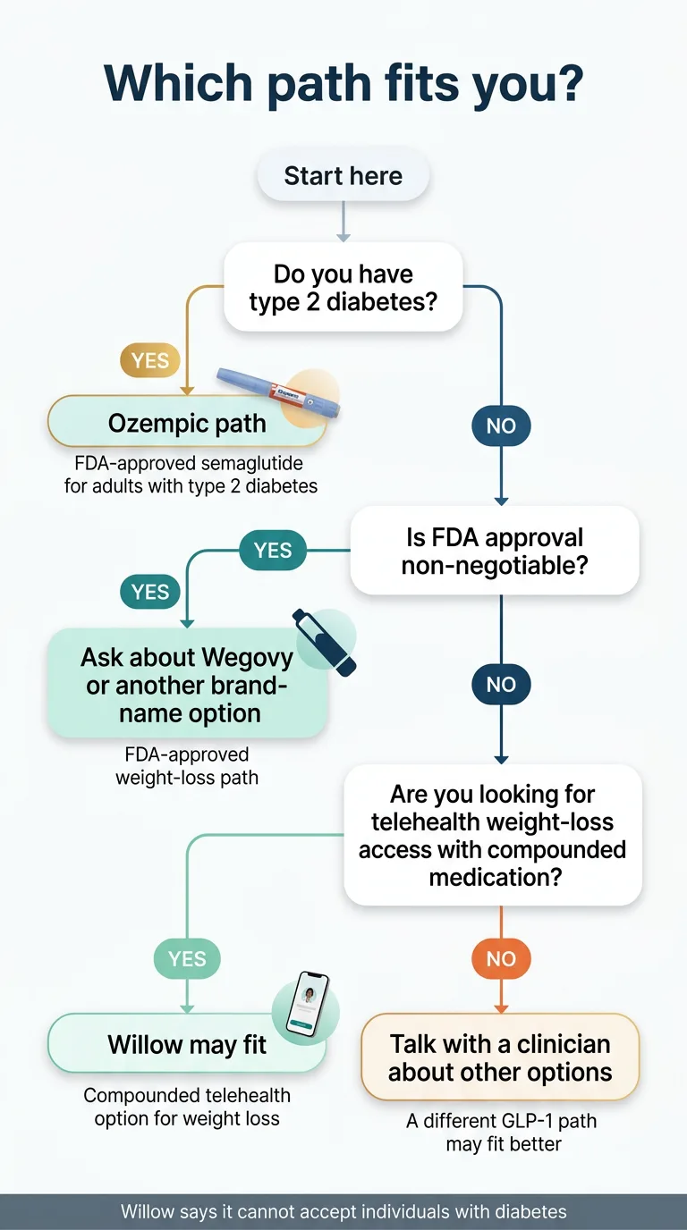 Decision flowchart — which path fits you: start with type 2 diabetes question, then FDA approval preference, then telehealth access comfort to determine Ozempic, Wegovy, Willow, or other GLP-1 path
