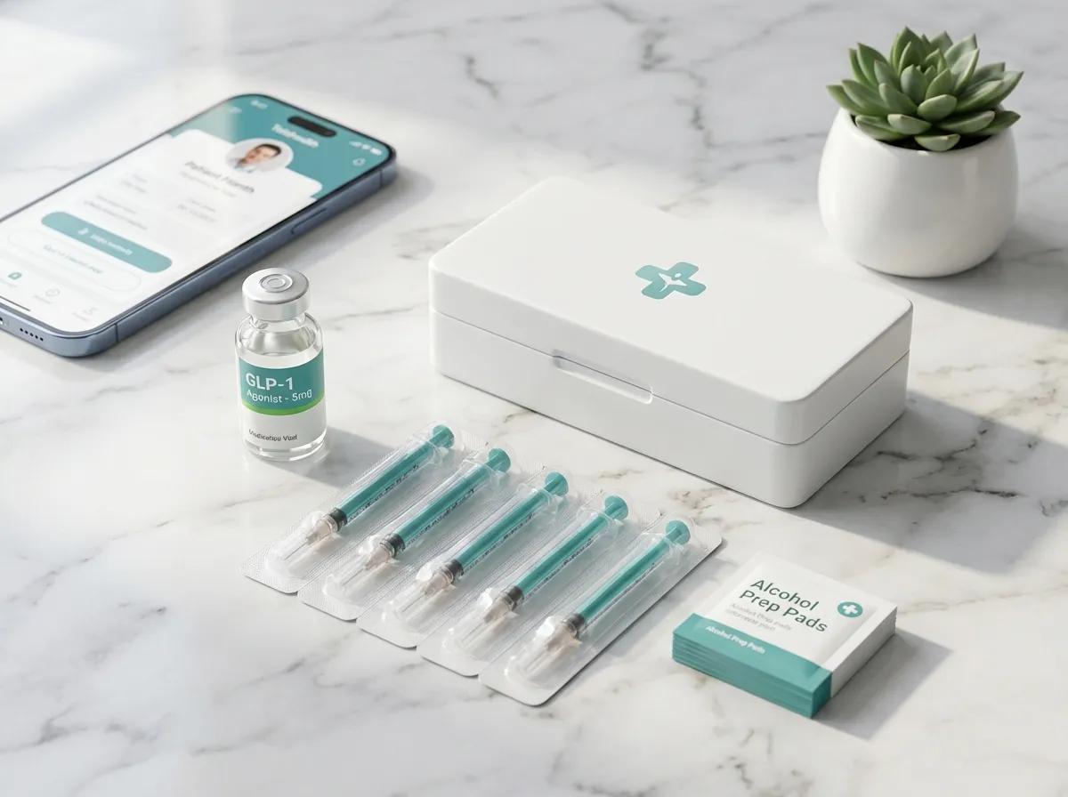 Example of typical compounded GLP-1 shipment contents including medication vial, syringes, alcohol pads, and dosing instructions - actual contents and packaging vary by pharmacy