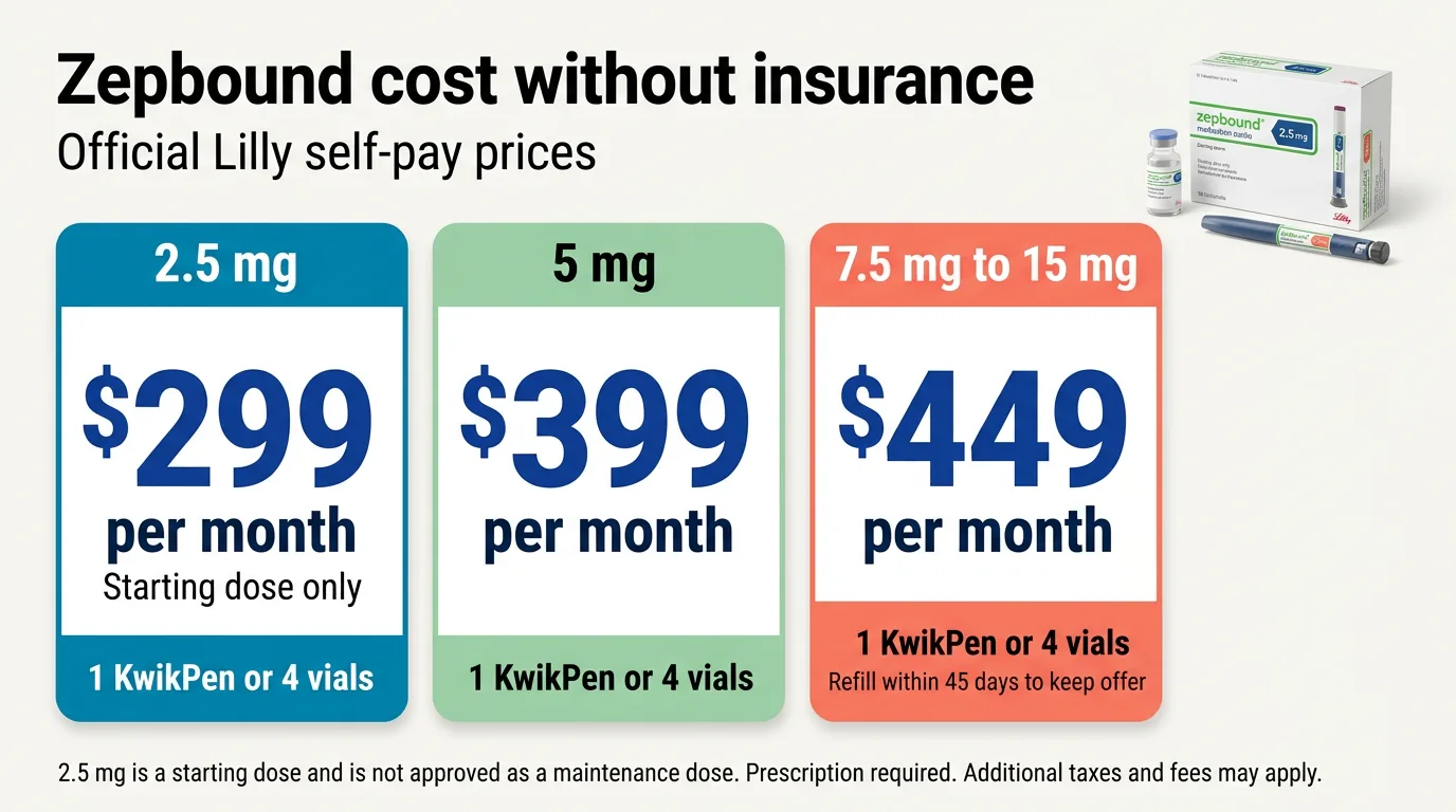 Zepbound cost without insurance — official Lilly self-pay prices: 2.5 mg at $299 per month (starting dose only), 5 mg at $399 per month, and 7.5 mg to 15 mg at $449 per month with 45-day refill requirement