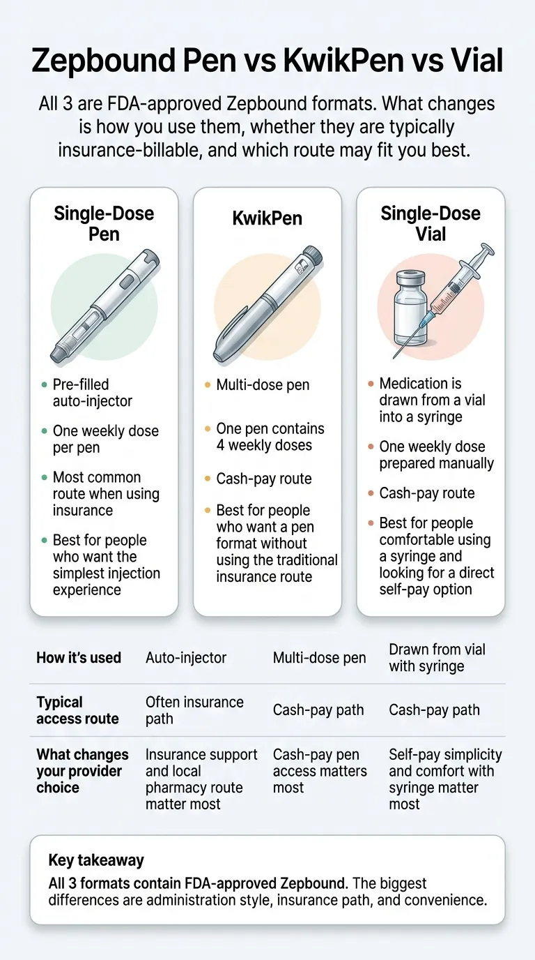 Zepbound pen vs KwikPen vs vial format comparison: Single-dose pen is pre-filled auto-injector, most common insurance route; KwikPen is multi-dose cash-pay pen with 4 doses; Single-dose vial is cash-pay drawn with a syringe — all three are FDA-approved Zepbound tirzepatide