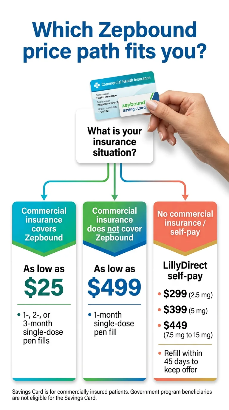 Zepbound price path flowchart showing three insurance situations: commercial insurance covers Zepbound ($25), commercial insurance does not cover Zepbound ($499), and no commercial insurance with LillyDirect self-pay ($299 to $449)