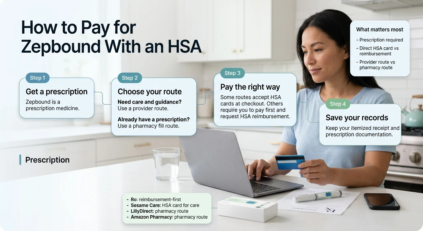 How to pay for Zepbound with an HSA in 4 steps: Step 1 Get a prescription — Zepbound is a prescription medicine. Step 2 Choose your route — need care and guidance, use a provider route; already have a prescription, use a pharmacy fill route. Step 3 Pay the right way — some routes accept HSA cards at checkout, others require you to pay first and request HSA reimbursement. Step 4 Save your records — keep your itemized receipt and prescription documentation. Provider routes: Ro reimbursement-first, Sesame Care HSA card for care. Pharmacy routes: LillyDirect and Amazon Pharmacy.