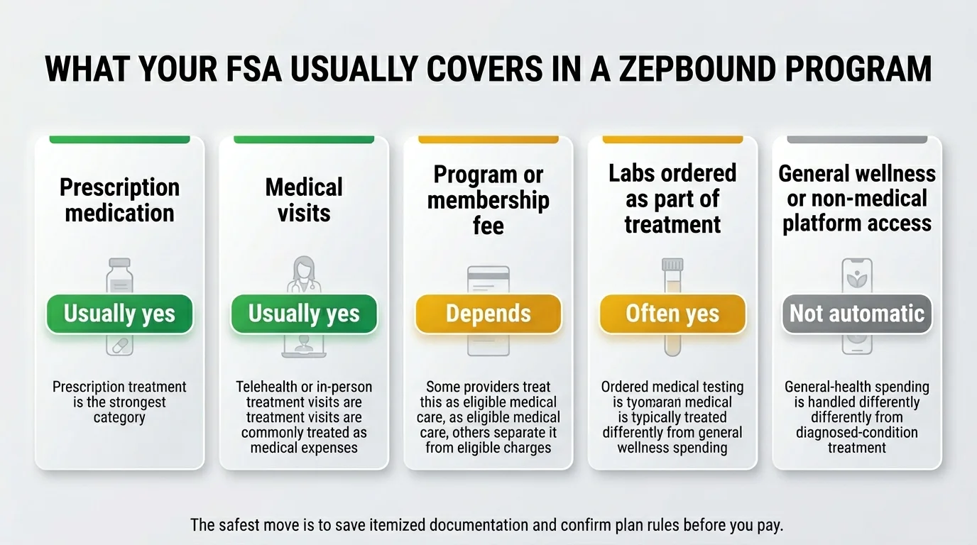 What your FSA usually covers in a Zepbound program. Prescription medication: usually yes — prescription treatment is the strongest category. Medical visits: usually yes — telehealth or in-person treatment visits are commonly treated as medical expenses. Program or membership fee: depends — some providers treat this as eligible medical care, others separate it. Labs ordered as part of treatment: often yes — ordered medical testing is typically treated differently from general wellness spending. General wellness or non-medical platform access: not automatic — general-health spending is handled differently from diagnosed-condition treatment. The safest move is to save itemized documentation and confirm plan rules before you pay.