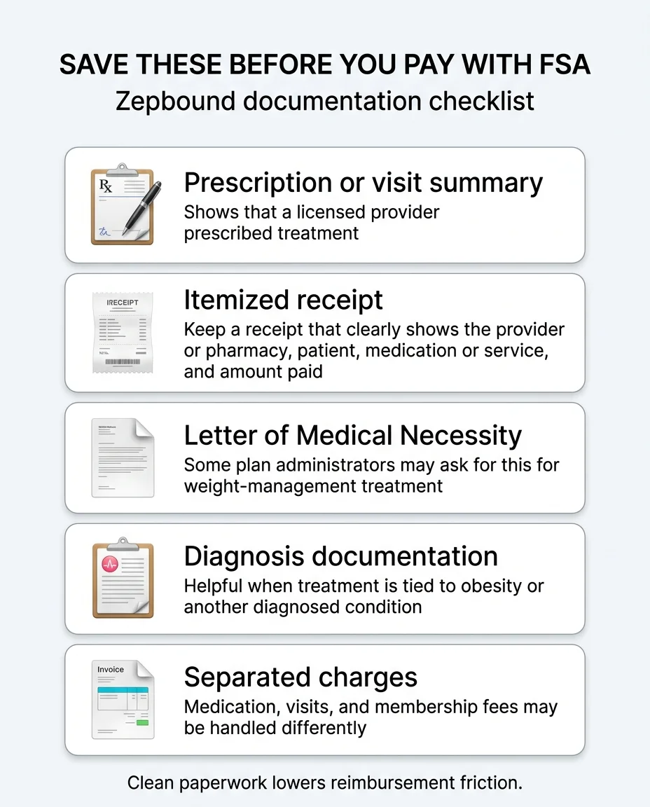 Save these before you pay with FSA — Zepbound documentation checklist. 1: Prescription or visit summary — shows that a licensed provider prescribed treatment. 2: Itemized receipt — keep a receipt that clearly shows the provider or pharmacy, patient, medication or service, and amount paid. 3: Letter of Medical Necessity — some plan administrators may ask for this for weight-management treatment. 4: Diagnosis documentation — helpful when treatment is tied to obesity or another diagnosed condition. 5: Separated charges — medication, visits, and membership fees may be handled differently. Clean paperwork lowers reimbursement friction.