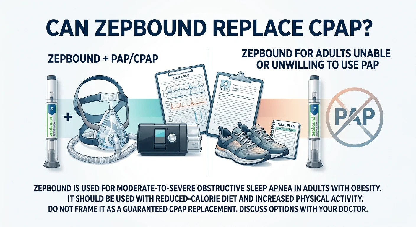 Can Zepbound replace CPAP? Two pathways: Zepbound plus PAP/CPAP combination therapy (Zepbound pen shown with CPAP mask, sleep study, and meal plan), and Zepbound for adults unable or unwilling to use PAP (Zepbound pen shown with PAP crossed out). Important note: Zepbound is used for moderate-to-severe obstructive sleep apnea in adults with obesity, used with reduced-calorie diet and increased physical activity. Do not frame it as a guaranteed CPAP replacement — discuss options with your doctor.