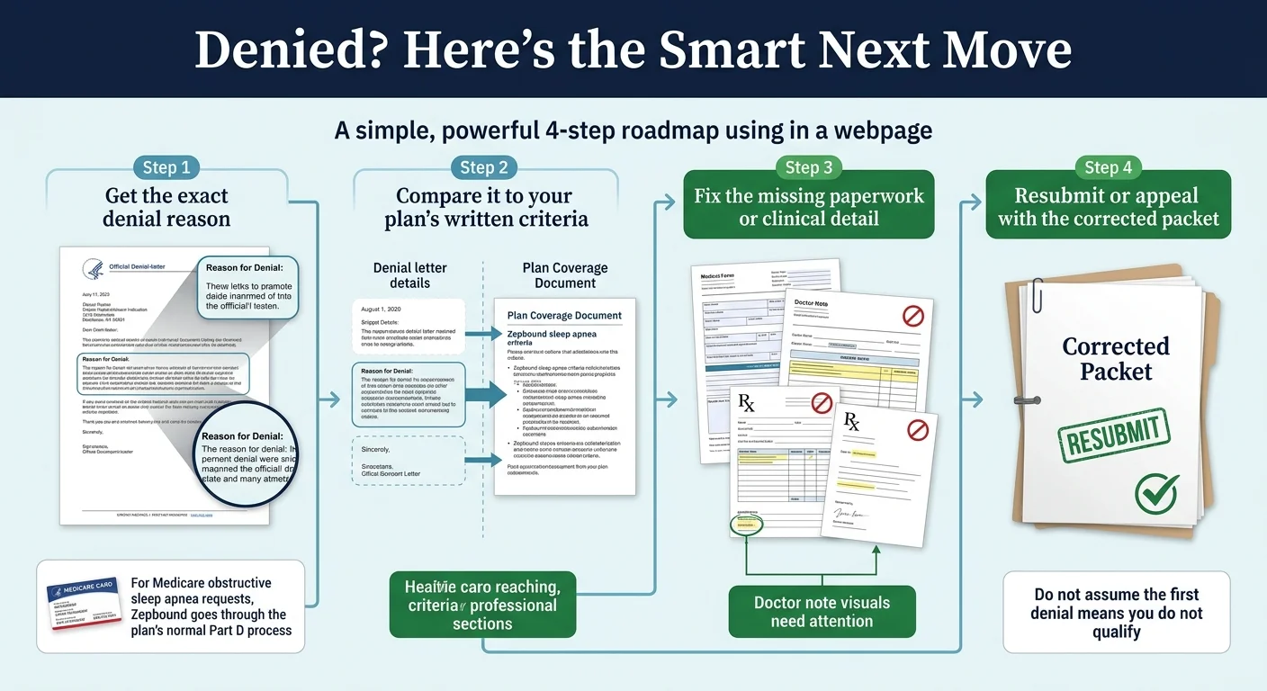 Denied Zepbound sleep apnea prior authorization — smart next move 4-step roadmap: Step 1, get the exact denial reason from the official denial letter; Step 2, compare it to your plan's written criteria document; Step 3, fix the missing paperwork or clinical detail; Step 4, resubmit or appeal with the corrected packet. Do not assume the first denial means you do not qualify.