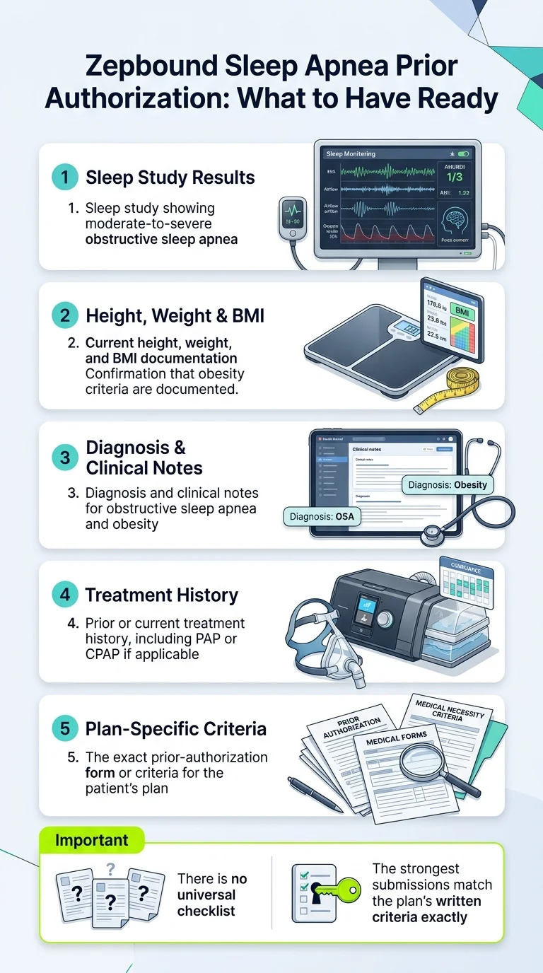 Zepbound sleep apnea prior authorization — what to have ready checklist: 1. Sleep study results showing moderate-to-severe OSA; 2. Height, weight and BMI documentation with obesity criteria confirmed; 3. Diagnosis and clinical notes for obstructive sleep apnea and obesity; 4. Treatment history including PAP or CPAP if applicable; 5. Plan-specific prior authorization form. Important: there is no universal checklist — the strongest submissions match the plan's written criteria exactly.