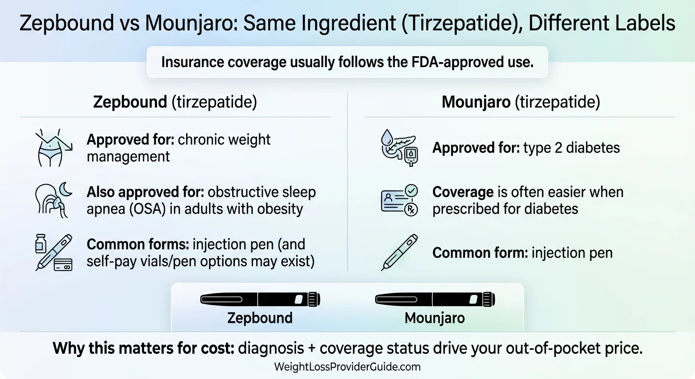 Zepbound vs Mounjaro cost comparison chart — same active ingredient, different pricing paths